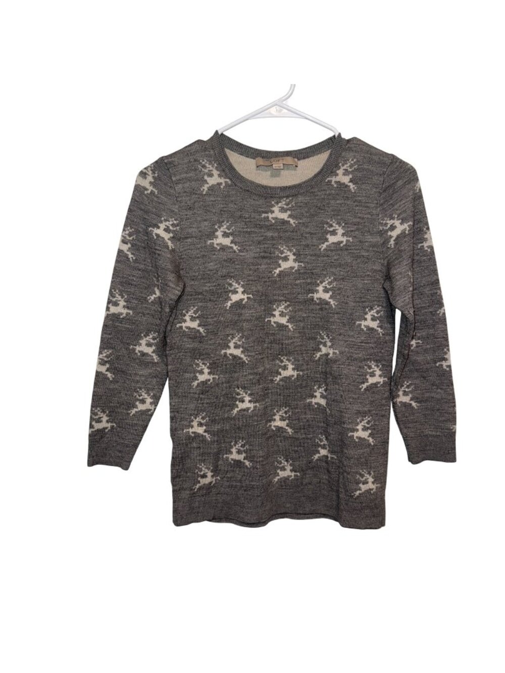 Loft Womens XS Gray Crewneck Sweater With White Reindeer Pattern 100% Wool